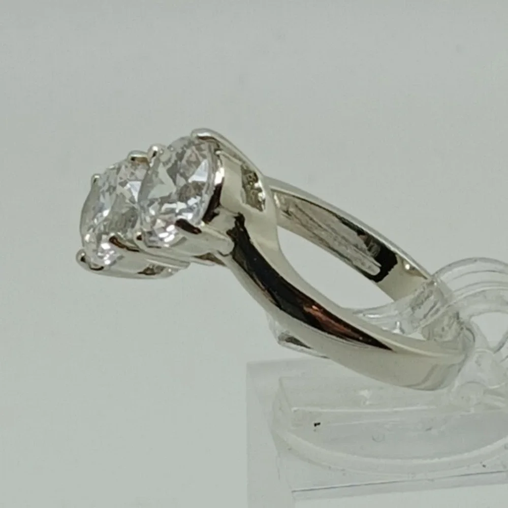 Size 10 Vintage 1990s Two Stone Round Cubic Zirconia Bypass Ring Silver Tone NOS